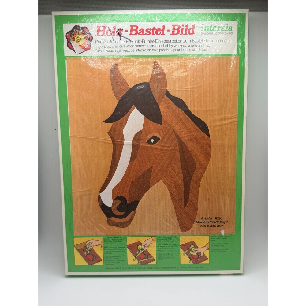 Vintage Germany 1974 Steeb Holz-Bastel-Bild Wood Inlay CraftKit Horse US2 Sealed